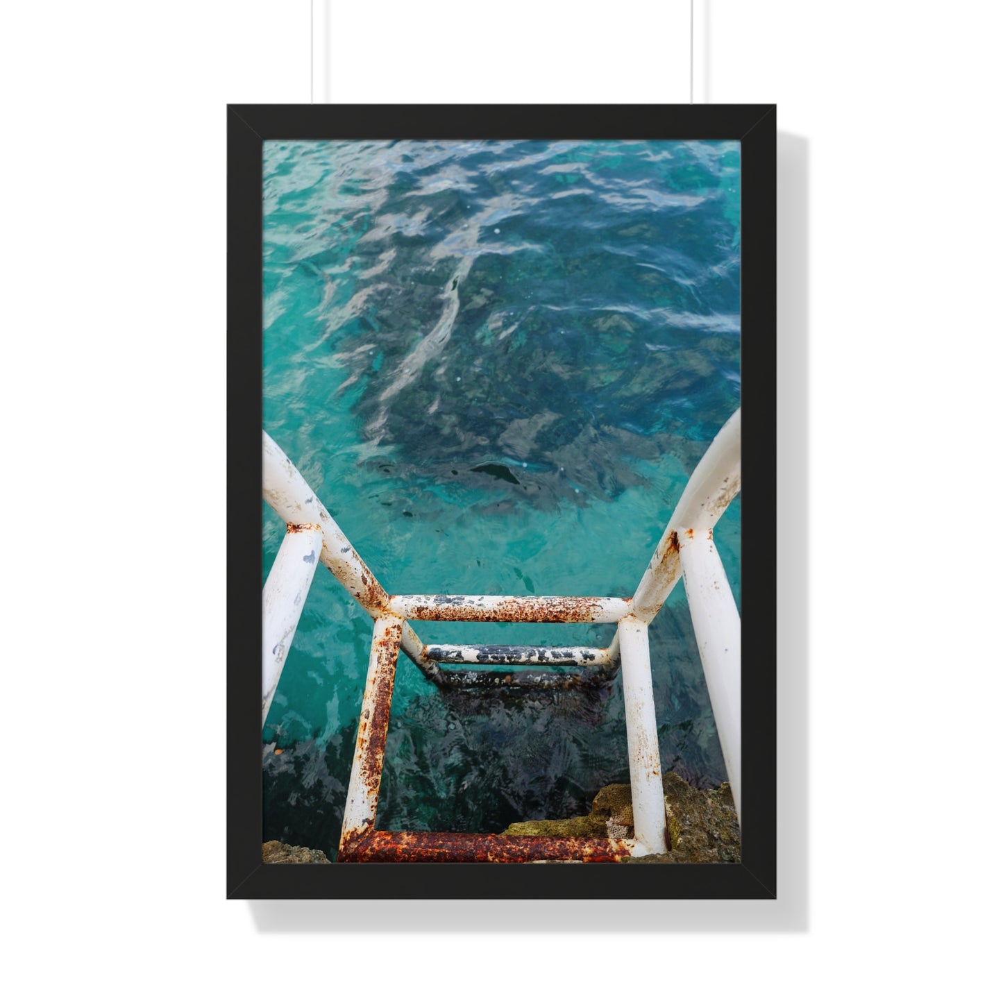 Rustic Descent: Rusted Ladder to Water at The Caves Resort, Jamaica - Framed Photography Print