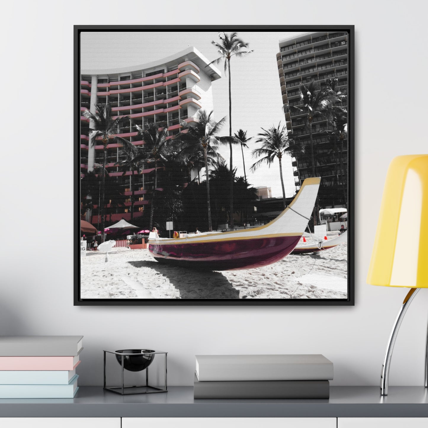 Serene Shores: Boat on a Hawaiian Beach - Framed Canvas Print