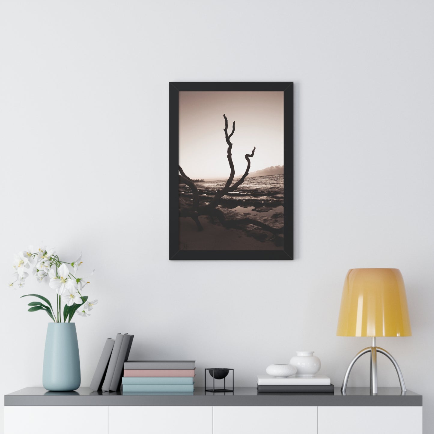 Dusk Serenity: Fallen Tree on the Beach - Framed Photography Print