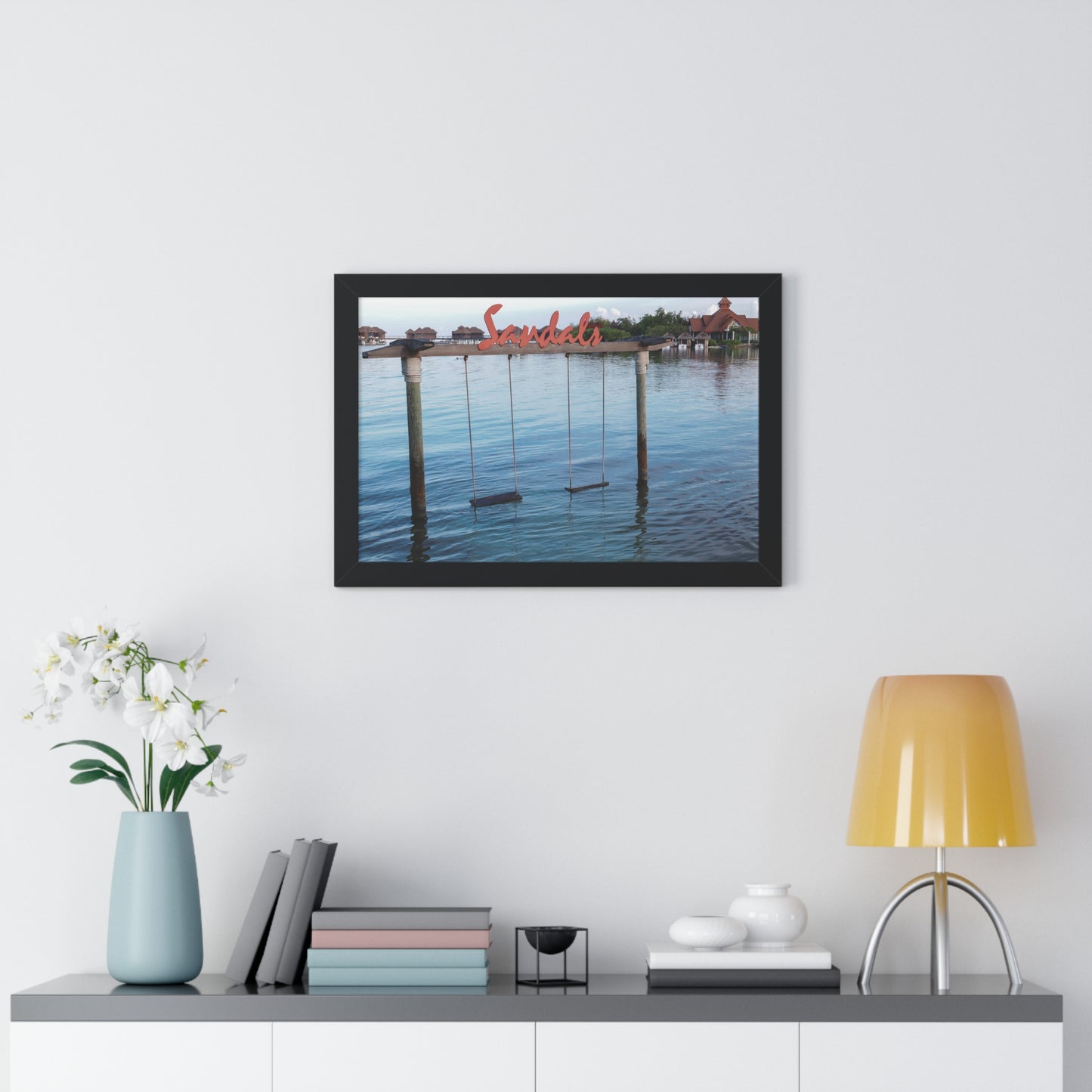 Ocean Bliss: Swings Over the Water at Sandals Resort, Jamaica - Framed Photography Print