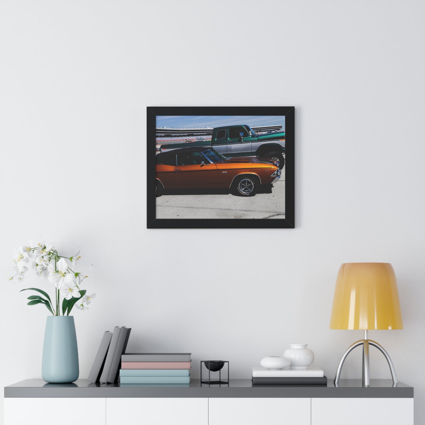 Rustic Charm: Vintage Truck and Car Duo - Framed Photography Print